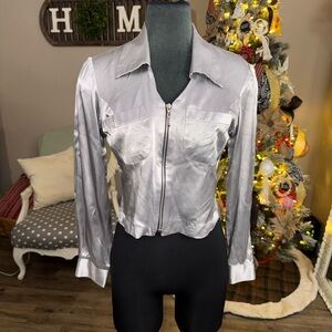 VTG Copper Key • Satin Zip Up Collared Cropped Blouse